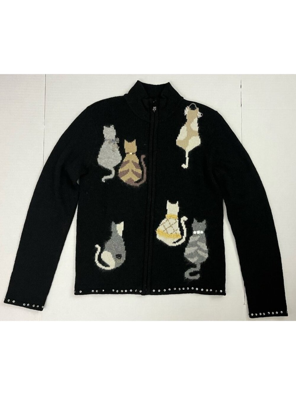 Coldwater Creek Women's S Kitty Cat Cardigan Sweater Embellished Zip Front Blk